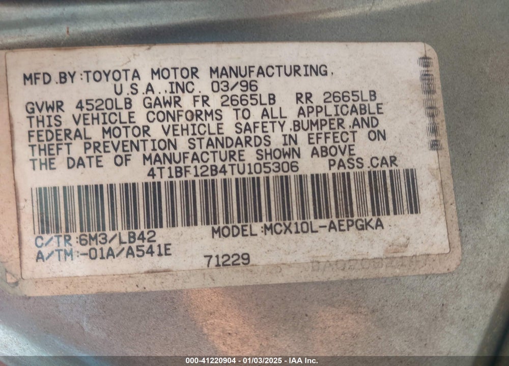 1996 TOYOTA AVALON XL/XLS VIN: 4T1BF12B4TU105306