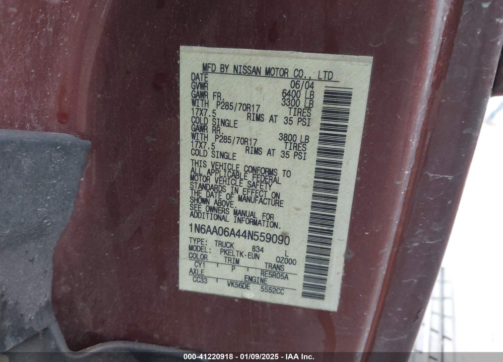 2004 NISSAN TITAN SE VIN: 1N6AA06A44N559090