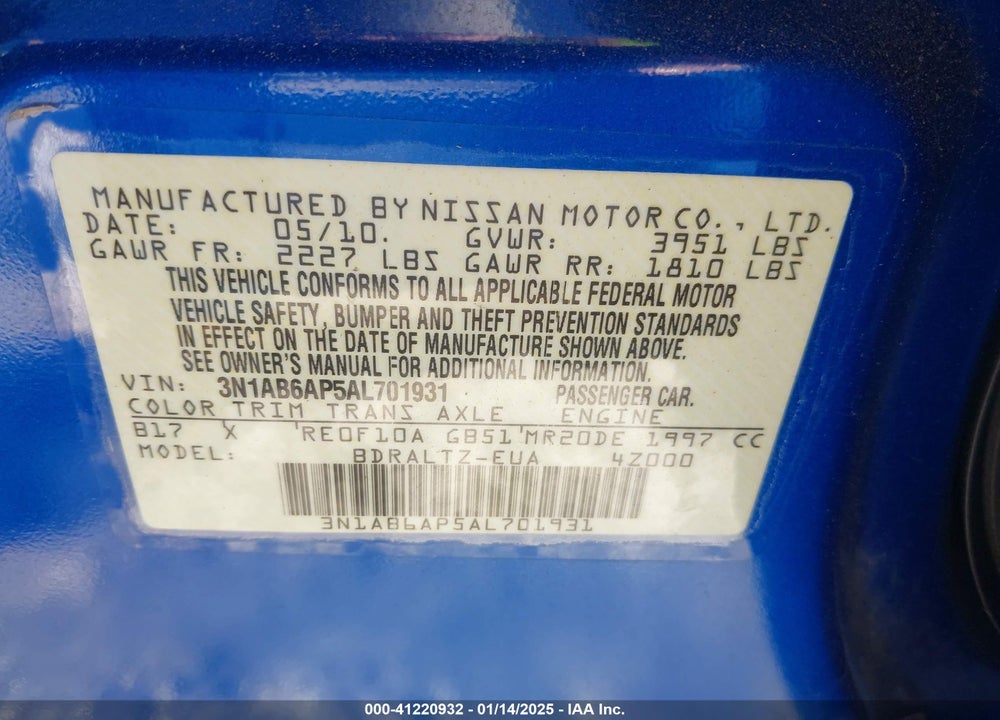 2010 NISSAN SENTRA VIN: 3N1AB6AP5AL701931