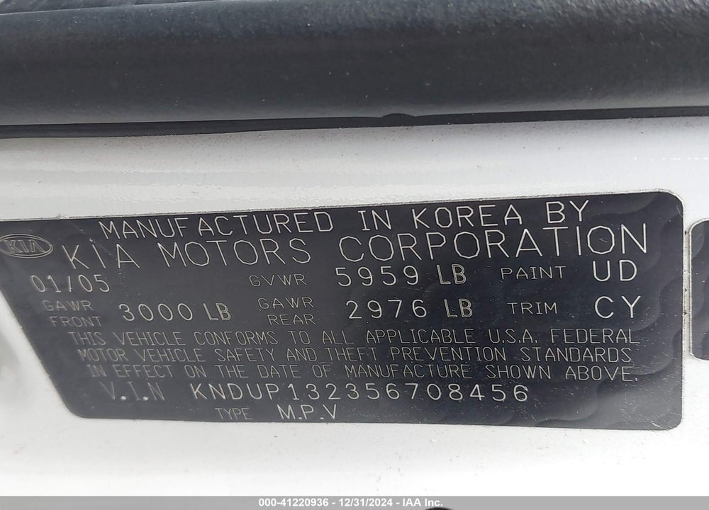2005 KIA SEDONA EX/LX VIN: KNDUP132356708456