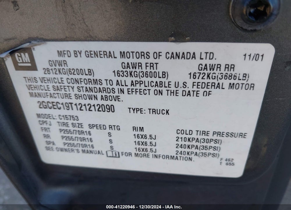 2002 CHEVROLET SILVERADO 1500 LS VIN: 2GCEC19T121212090