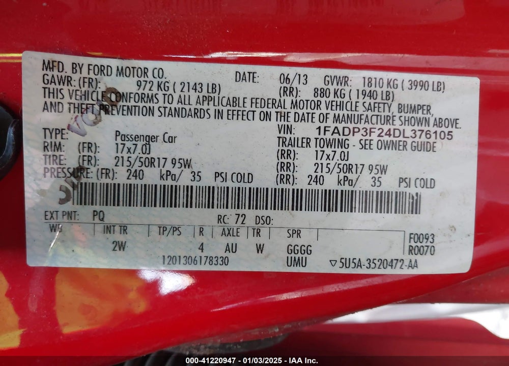 2013 FORD FOCUS VIN: 1FADP3F24DL376105
