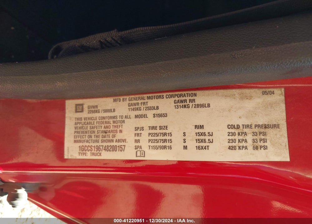 2004 CHEVROLET COLORADO VIN: 1GCCS196748200157