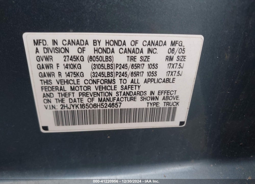 2006 HONDA RIDGELINE RTL VIN: 2HJYK16506H524657