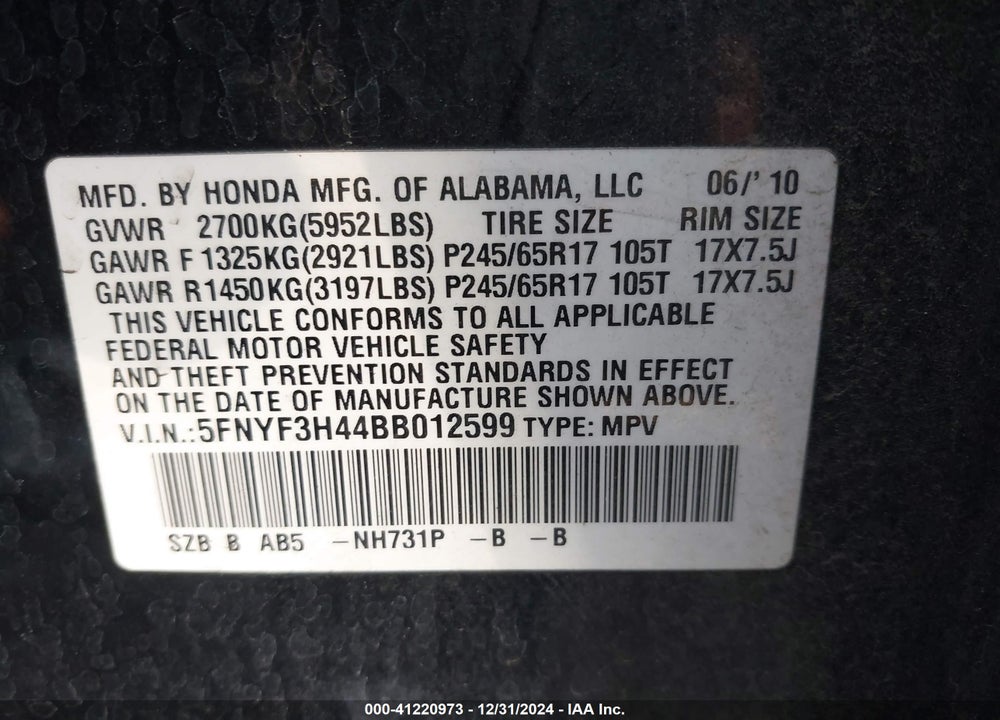 2011 HONDA PILOT EX VIN: 5FNYF3H44BB012599