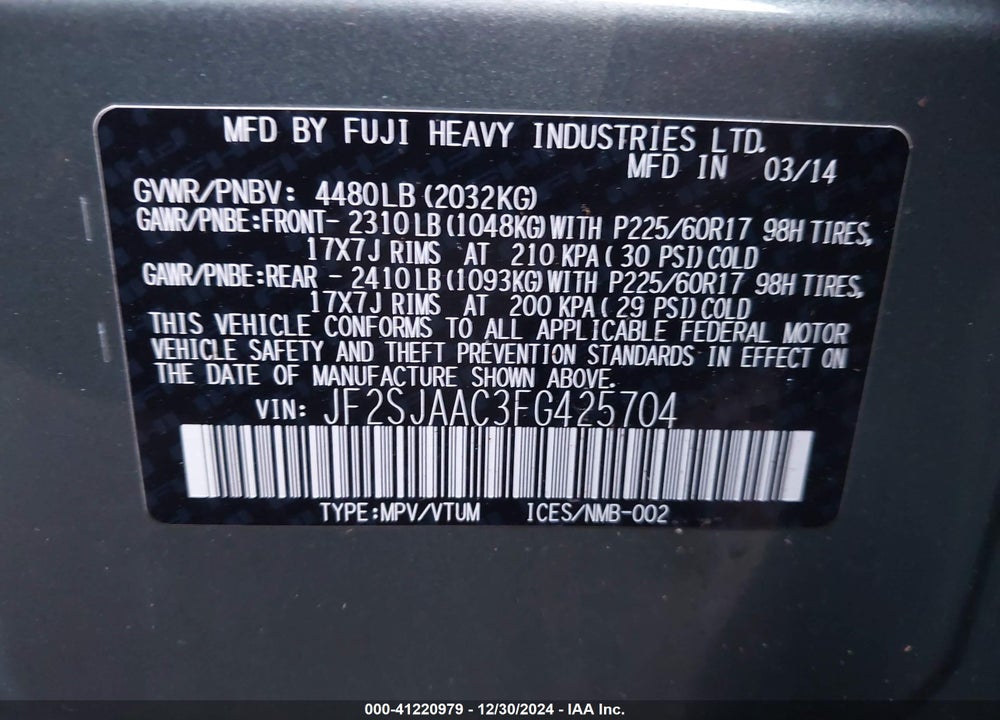 2015 SUBARU FORESTER 2.5I VIN: JF2SJAAC3FG425704