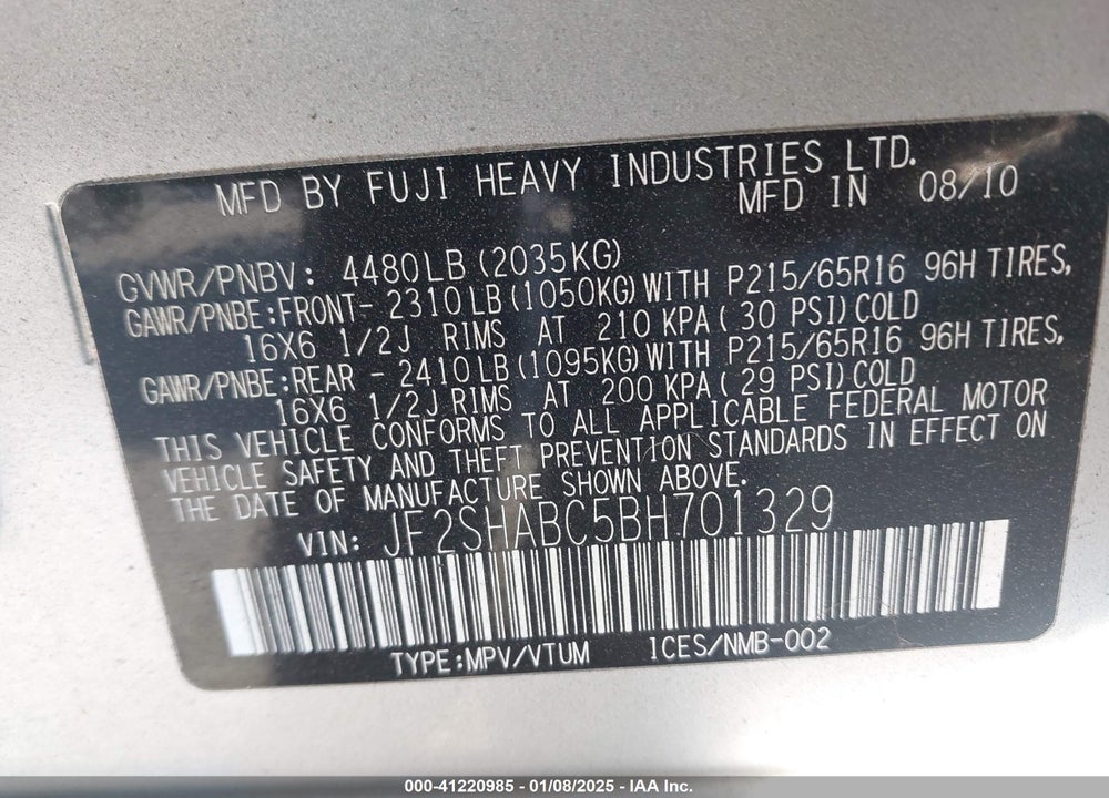 2011 SUBARU FORESTER 2.5X VIN: JF2SHABC5BH701329