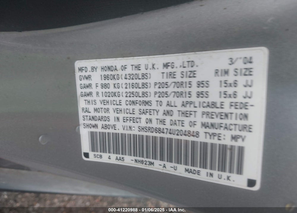 2004 HONDA CR-V LX VIN: SHSRD68474U204848