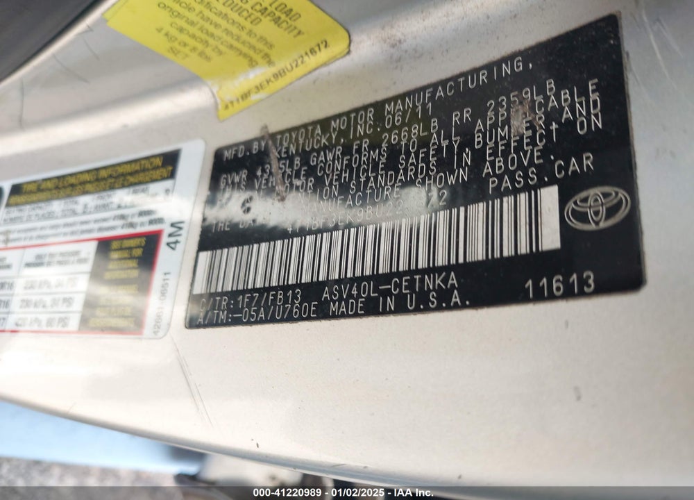 2011 TOYOTA CAMRY LE VIN: 4T1BF3EK9BU221672