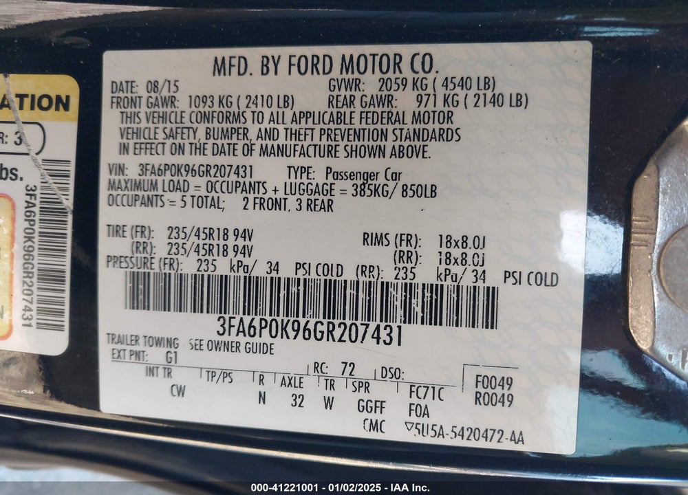 2016 FORD FUSION VIN: 3FA6P0K96GR207431