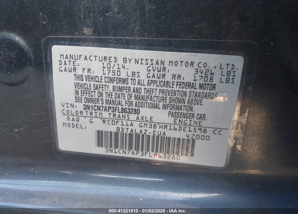 2015 NISSAN VERSA 1.6 S+ VIN: 3N1CN7AP3FL863280
