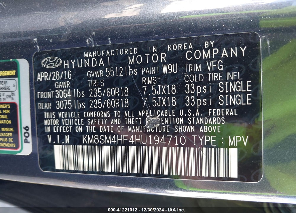 2017 HYUNDAI SANTA FE SE VIN: KM8SM4HF4HU194710