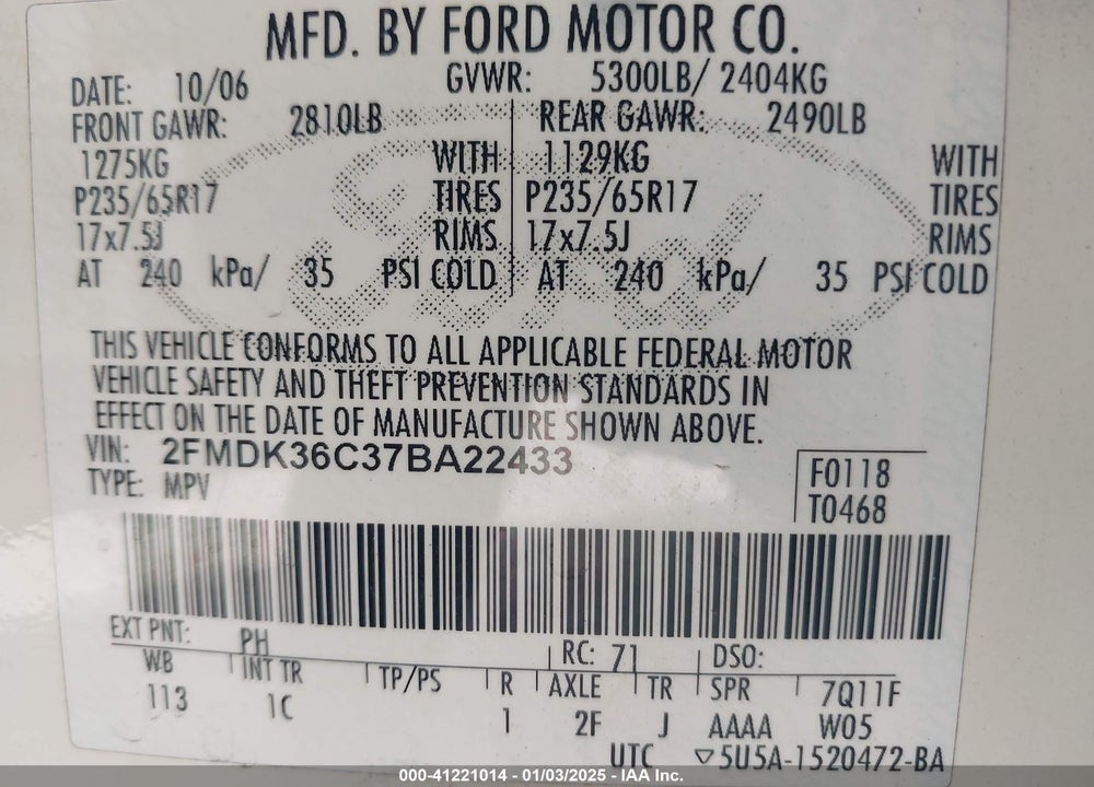 2007 FORD EDGE SE VIN: 2FMDK36C37BA22433