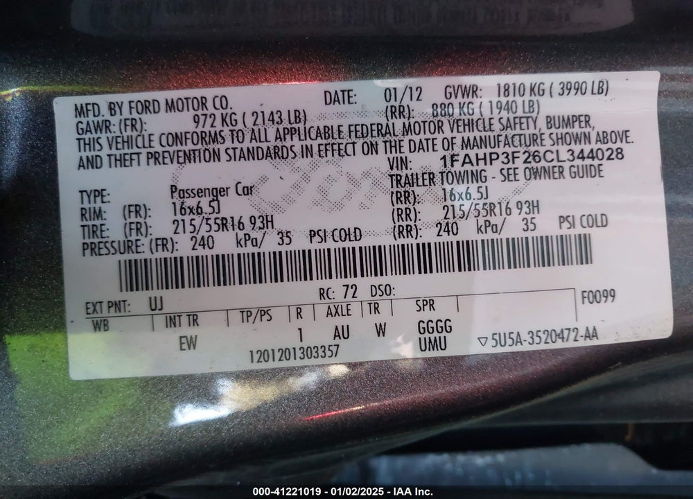 2012 FORD FOCUS VIN: 1FAHP3F26CL344028