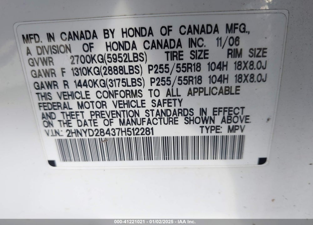 2007 ACURA MDX TECHNOLOGY PACKAGE VIN: 2HNYD28437H512281