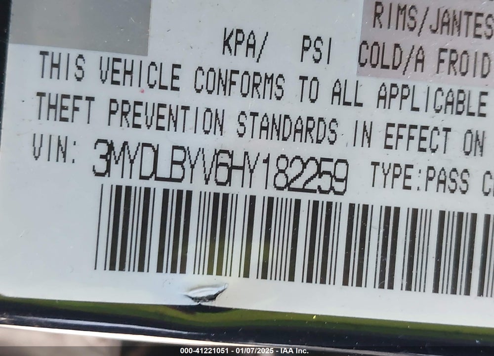 2017 TOYOTA YARIS IA VIN: 3MYDLBYV6HY182259