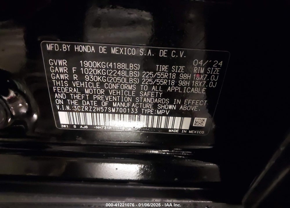 2025 HONDA HR-V AWD SPORT VIN: 3CZRZ2H57SM700133
