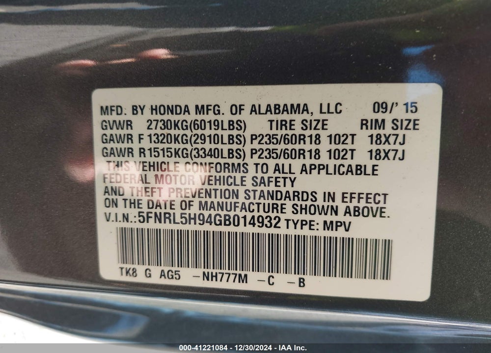 2016 HONDA ODYSSEY TOURING/TOURING ELITE VIN: 5FNRL5H94GB014932
