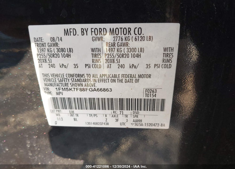2015 FORD EXPLORER LIMITED VIN: 1FM5K7F88FGA66863