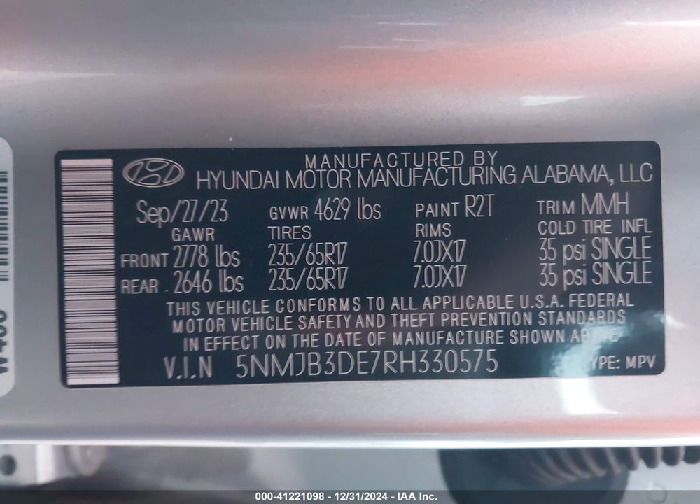 2024 HYUNDAI TUCSON SEL VIN: 5NMJB3DE7RH330575