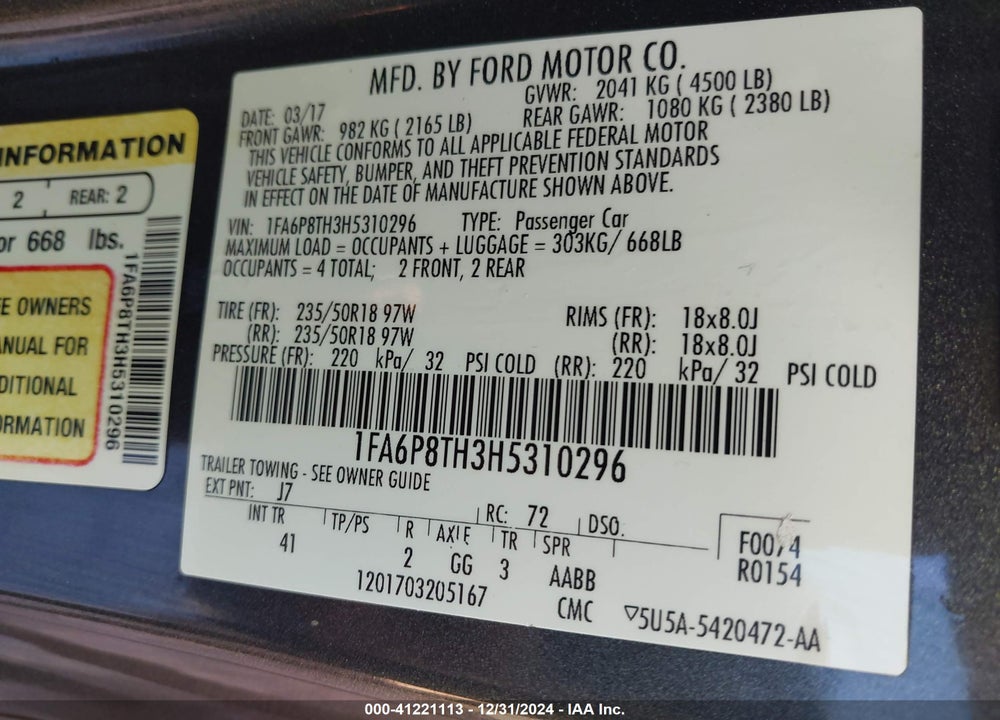 2017 FORD MUSTANG VIN: 1FA6P8TH3H5310296