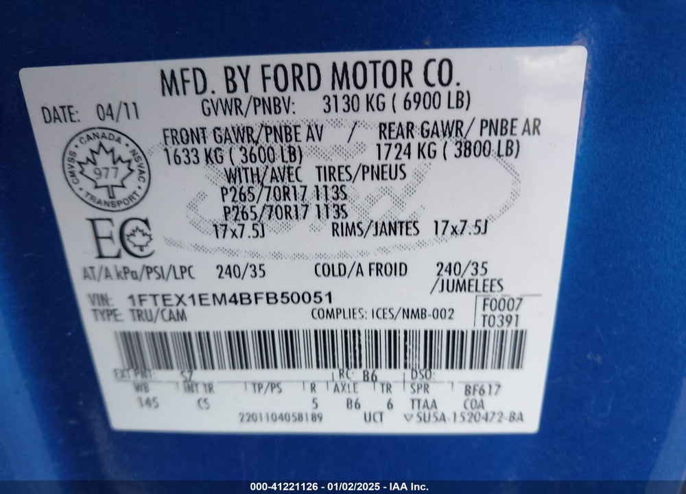 2011 FORD F-150 STX VIN: 1FTEX1EM4BFB50051