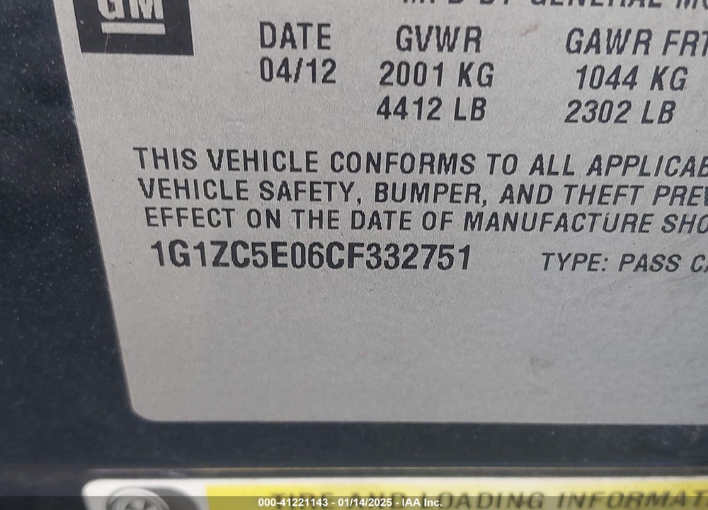 2012 CHEVROLET MALIBU 1LT VIN: 1G1ZC5E06CF332751