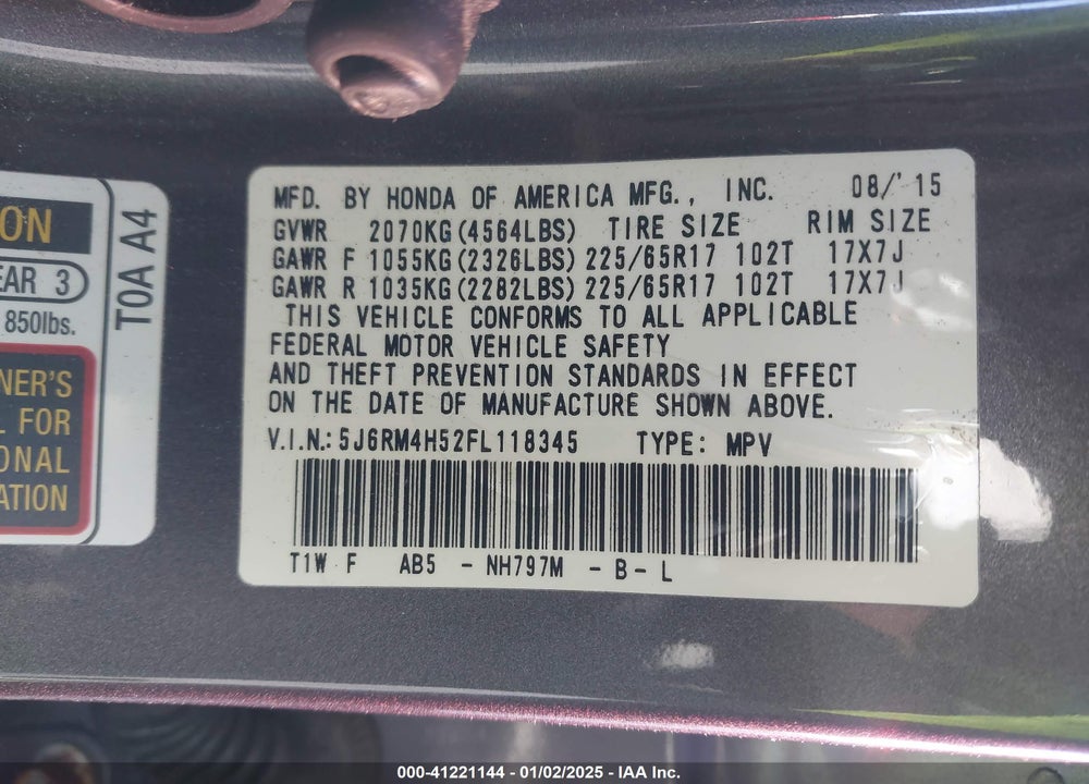 2015 HONDA CR-V EX VIN: 5J6RM4H52FL118345