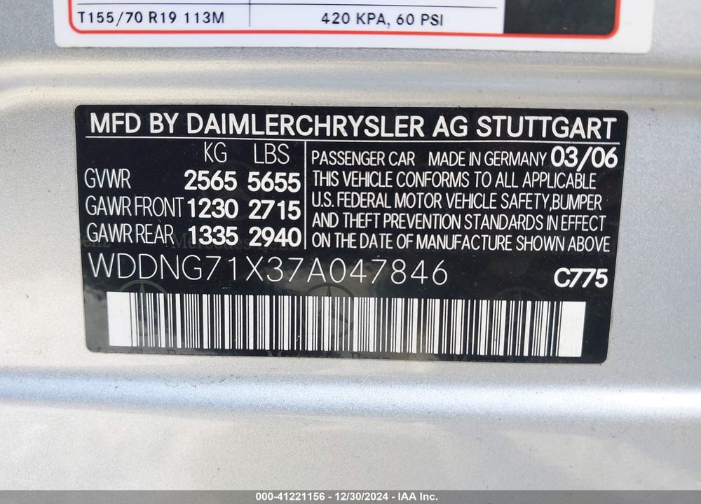 2007 MERCEDES-BENZ S 550 VIN: WDDNG71X37A047846