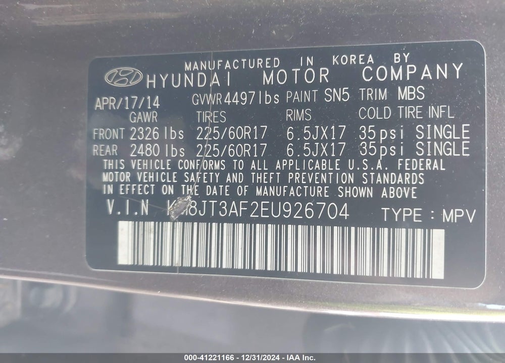 2014 HYUNDAI TUCSON GLS VIN: KM8JT3AF2EU926704