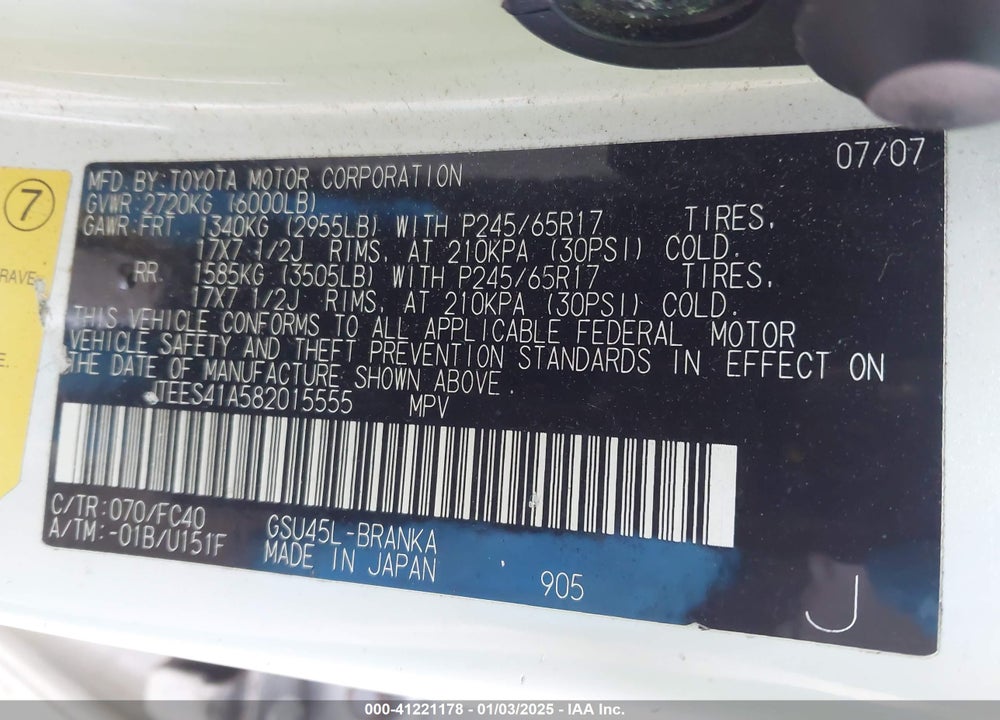 2008 TOYOTA HIGHLANDER VIN: JTEES41A582015555
