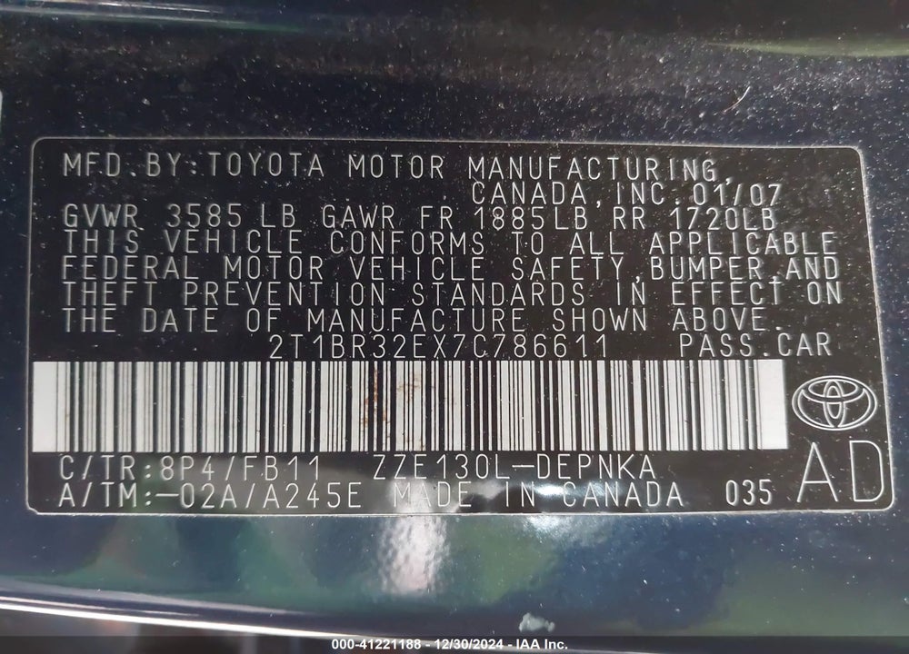 2007 TOYOTA COROLLA LE VIN: 2T1BR32EX7C786611