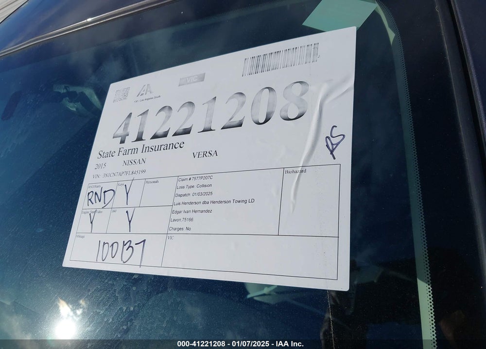 2015 NISSAN VERSA VIN: 3N1CN7AP7FL845199