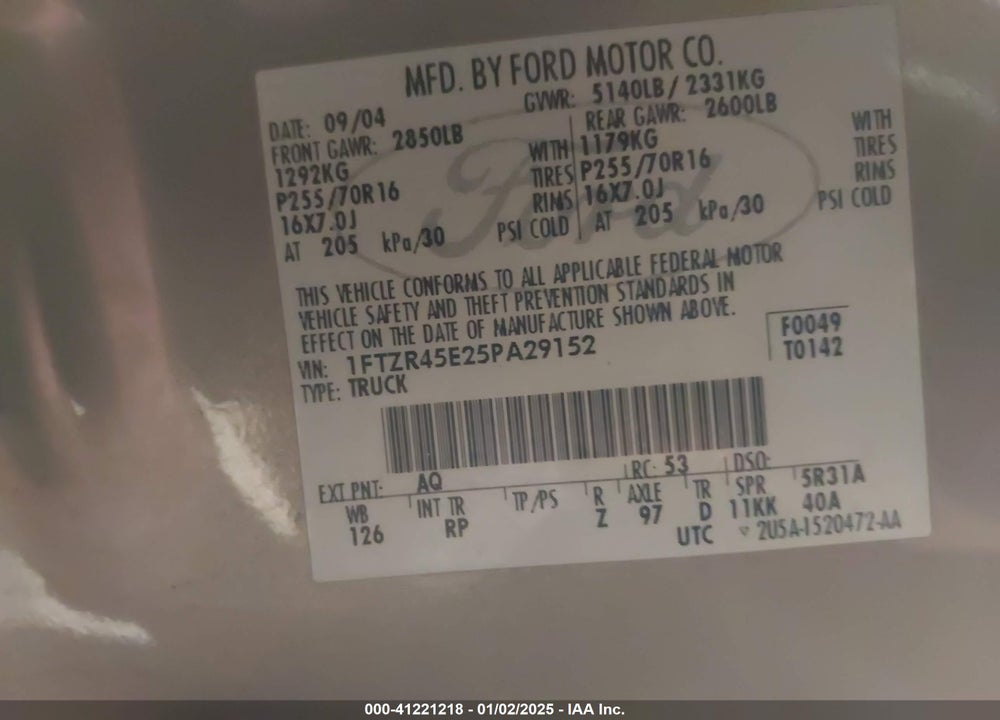 2005 FORD RANGER EDGE/FX4 LEVEL II/FX4 OFF-ROAD/XLT VIN: 1FTZR45E25PA29152