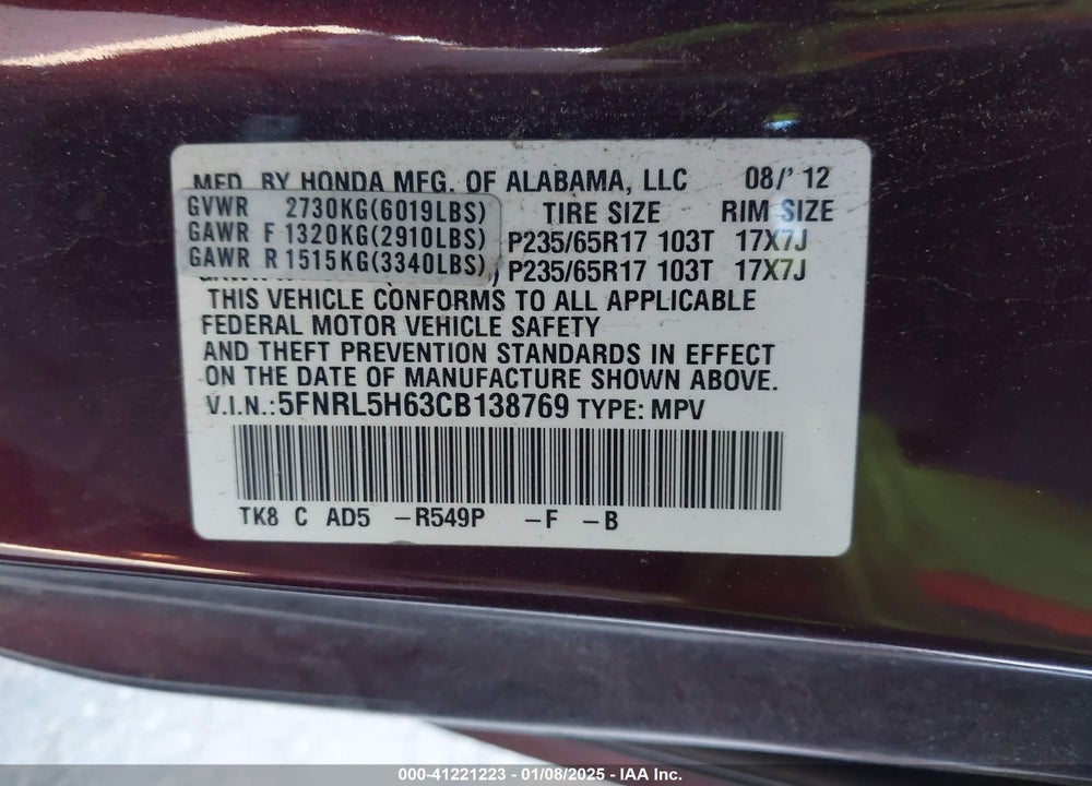 2012 HONDA ODYSSEY EX-L VIN: 5FNRL5H63CB138769