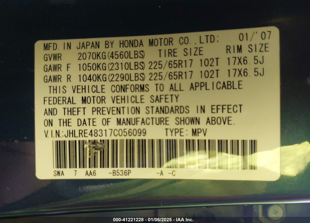 2007 HONDA CR-V LX VIN: JHLRE48317C056099