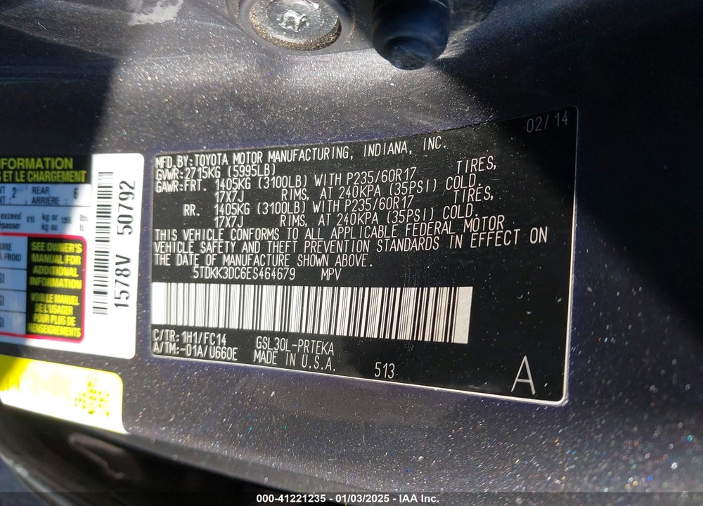 2014 TOYOTA SIENNA LE V6 8 PASSENGER VIN: 5TDKK3DC6ES464679