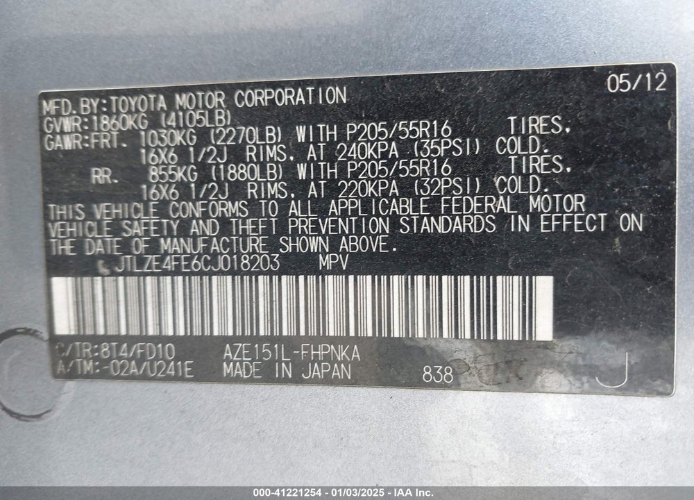 2012 SCION XB VIN: JTLZE4FE6CJ018203