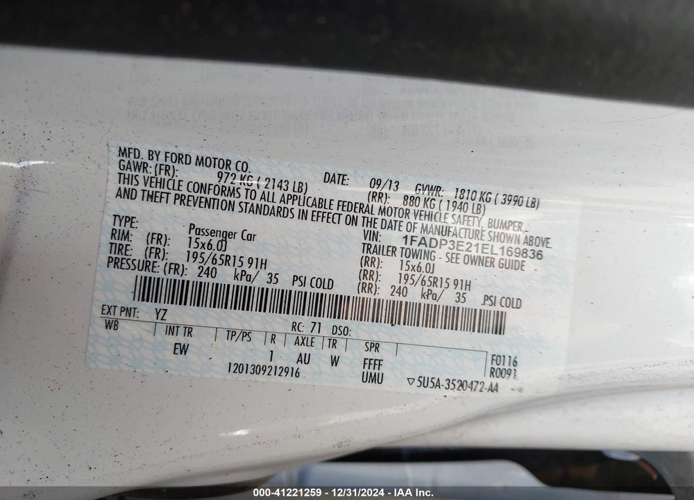 2014 FORD FOCUS S VIN: 1FADP3E21EL169836