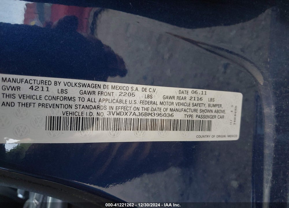 2011 VOLKSWAGEN JETTA VIN: 3VWDX7AJ6BM395036