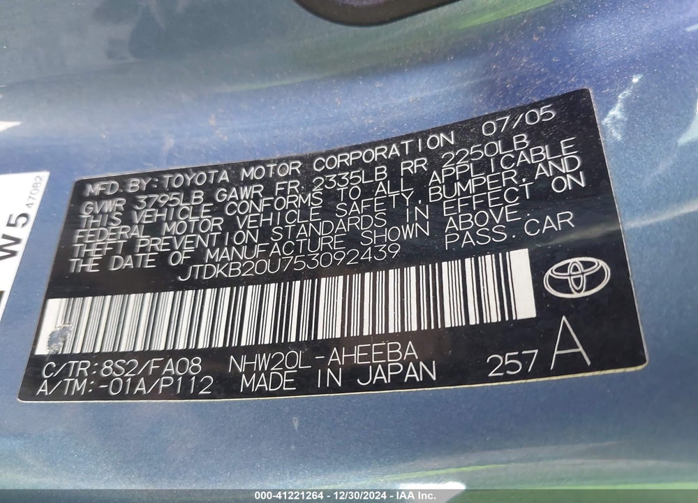 2005 TOYOTA PRIUS VIN: JTDKB20U753092439