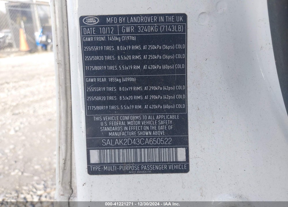 2012 LAND ROVER LR4 VIN: SALAK2D43CA650522