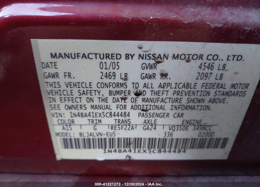 2005 NISSAN MAXIMA 3.5 SL VIN: 1N4BA41EX5C844484