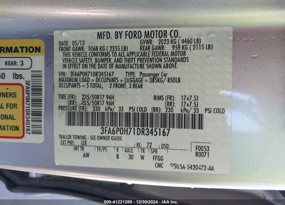 2013 FORD FUSION VIN: 3FA6P0H71DR345167