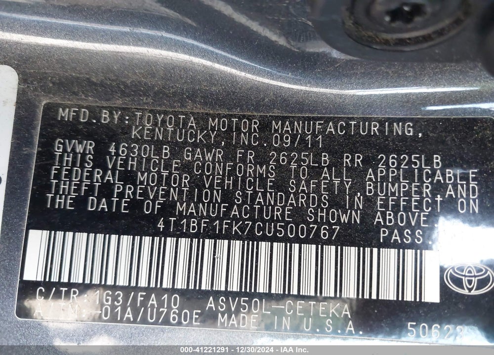 2012 TOYOTA CAMRY L VIN: 4T1BF1FK7CU500767
