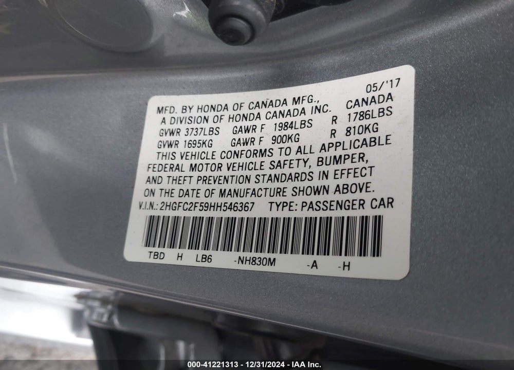 2017 HONDA CIVIC VIN: 2HGFC2F59HH546367