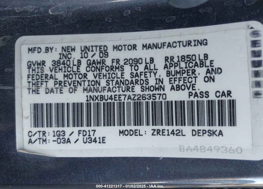 2010 TOYOTA COROLLA VIN: 1NXBU4EE7AZ263570