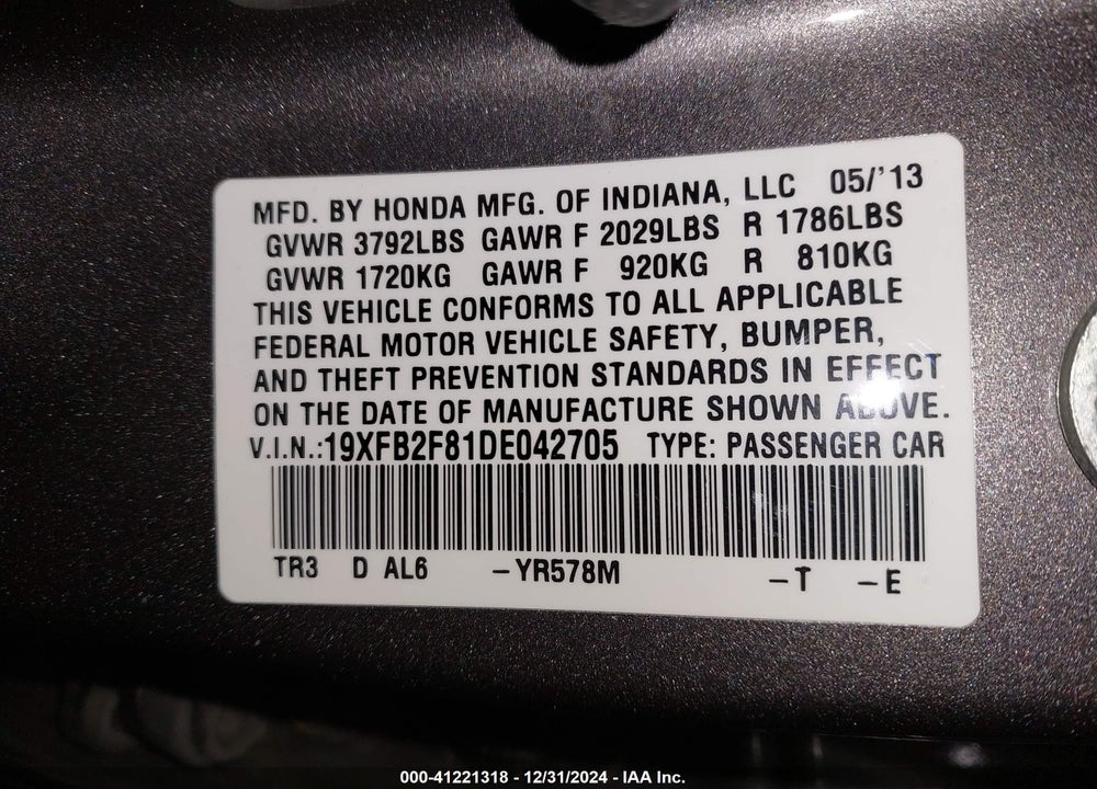 2013 HONDA CIVIC VIN: 19XFB2F81DE042705