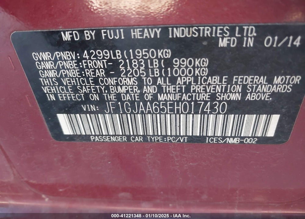 2014 SUBARU IMPREZA VIN: JF1GJAA65EH017430