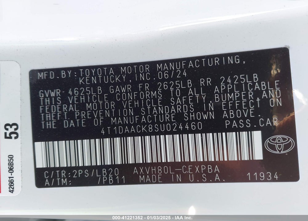 2025 TOYOTA CAMRY VIN: 4T1DAACK8SU024460